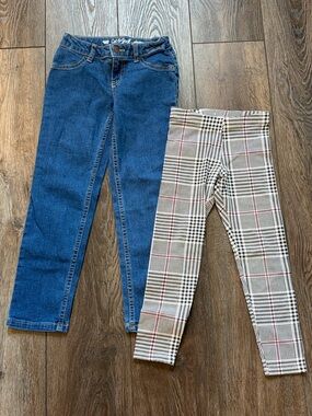Cat & Jack Blue Denim Jeans and Old Navy plaid leggings